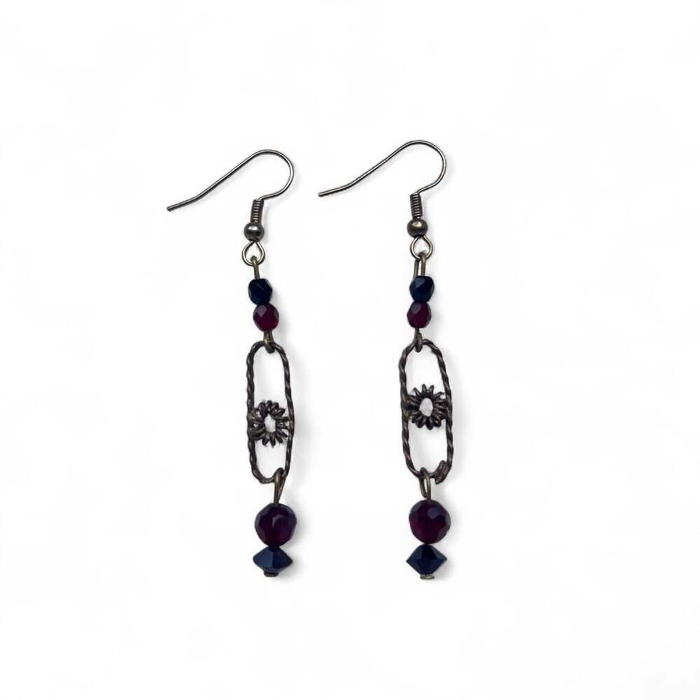 Vintage Boho Antique Bronze Dangle Earrings Burgundy Black Beads